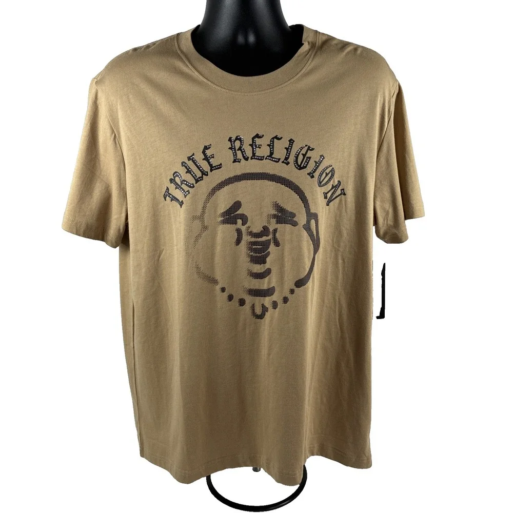 New True Religion Mens Stone Stud Buddha T-Shirt Size Medium NWT Beige
